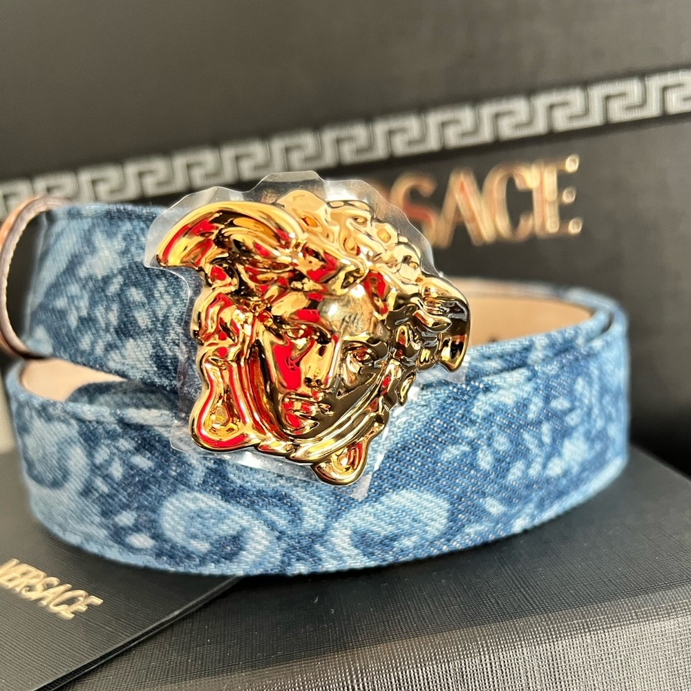 NEW VERSACE LA MEDUSA GOLD BUCKLE BAROCCO DENIM Leather Jean Belt 75/30 Medium